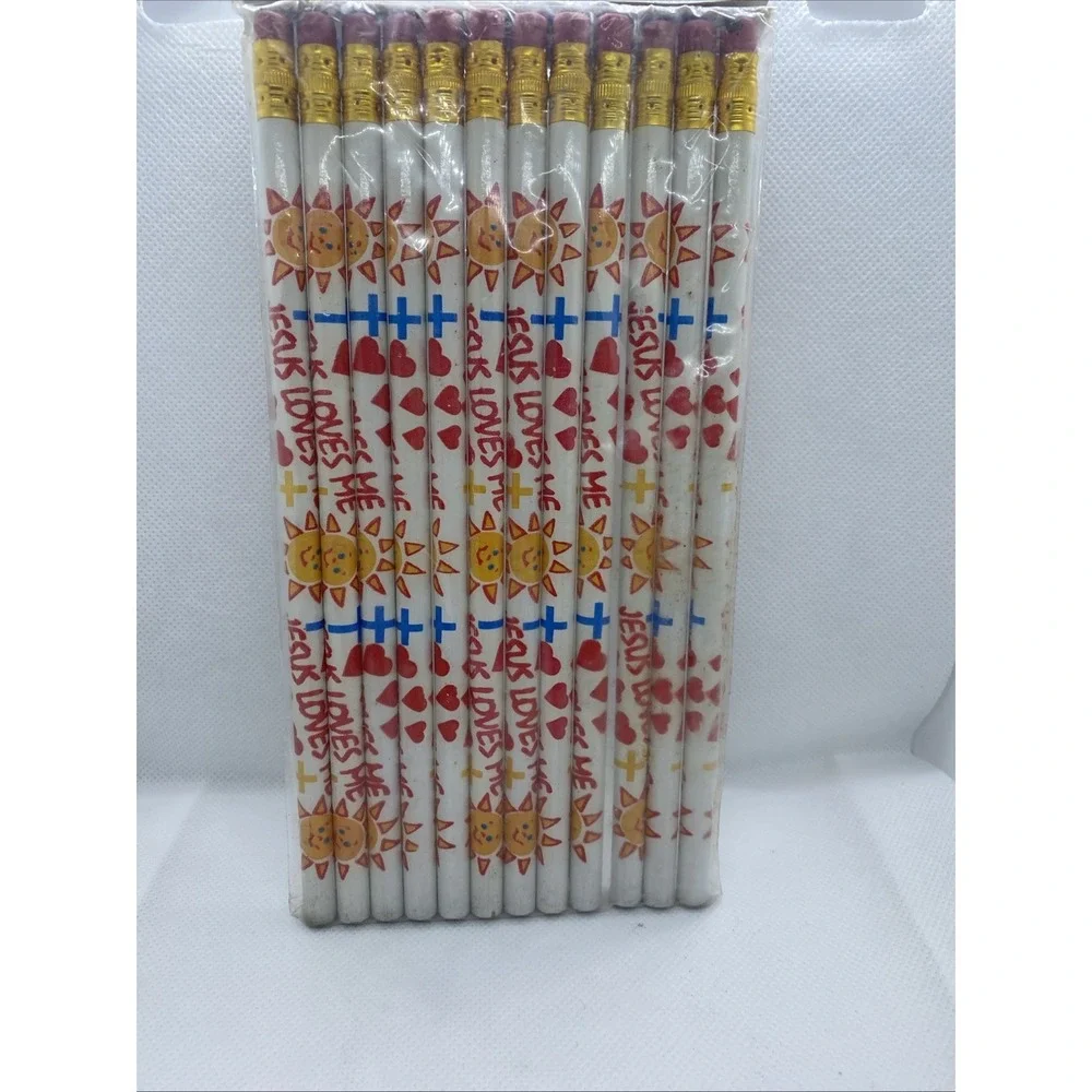 New Vintage 12ct Jesus Loves Me Wood Pencils Christian Religious Party Favors‎
